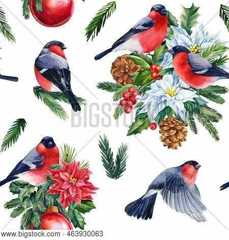 Holiday Seamless Pattern. Birds Bullfinches, Watercolor Illustration. Winter Design