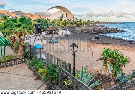 Santa Cruz De Tenerife, Spain - November 24, 2021: Top View Of Playa Negro Beach And Auditorio De Te