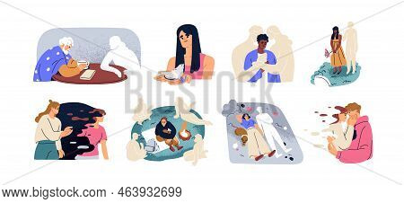 Human Loss And Death, People Memory Concept. Breakup, End Of Relationship. Characters Losing Friends