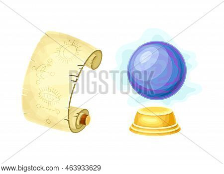 Old Paper Scroll With Spell Symbol And Crystal Ball As Magical Object And Witchcraft Item Vector Set