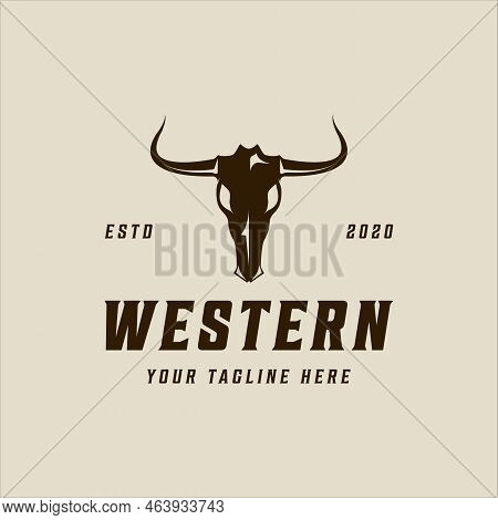Head Of Bull Skull Logo Vintage Vector Illustration Template Icon Graphic Design. Western Texas Long