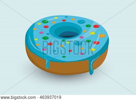 Blue Donut Decorated With Colorful Sprinkles Isolated On White Background.