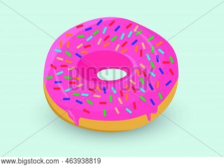Donut Isolated On A White Background. Cute, Colorful And Shiny Donut With Pink Glaze And Multicolore