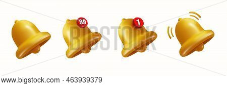 Bell Of 3d Icons Of Bell Ringing With Notification Label With Figure. Vector Realistic Ringing Bell 