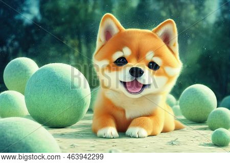 A Funny Japanese Shiba Inu Dog Playing Happy In The Park With Balls. Shiba Inu Doggy Without Collar 