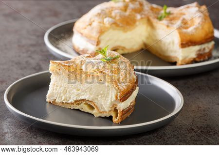 Authentic Polish Carpathian Cake Karpatka Closeup On The Plate On The Table. Horizontal