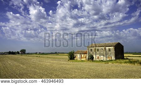 Country Landscape In Polesine Near Rovigo, Veneto, Italy, At Summer