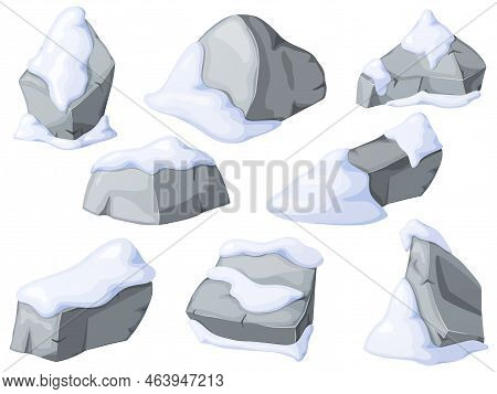 Gray Stones Or Rocks In Snow Set. Broken Cartoon Rocks And Snowdrifts. Cartoon Crags And Snowdrifts.