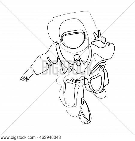 Astonaut In Space Showing Peace Gesture Two Fingers Up Continuous Line Drawing Isolated Vector Illus