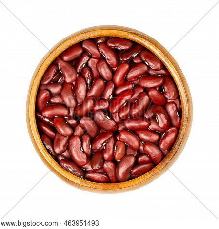 Red Kidney Beans, In A Wooden Bowl. Dried Common Kidney Beans, A Variety Of The Common Bean, Phaseol
