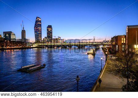 London - November 2, 2020: View Along The River Thames At Golden Hour. One Blackfriars, Southbank To