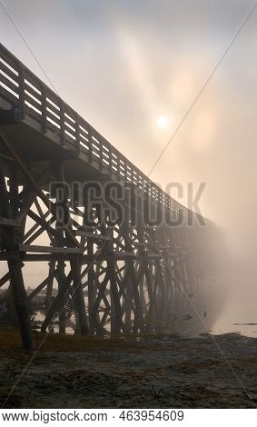 Fog Shrouded Pritchard Bridge. Fog Socks In The One Lane Bridge Over The South Thompson River In Pri