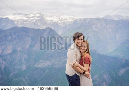 Man And Woman Happy Couple Tourists On Background Of Breathtaking Panoramic View Of The Grlo Sokolov