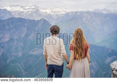 Man And Woman Happy Couple Tourists On Background Of Breathtaking Panoramic View Of The Grlo Sokolov