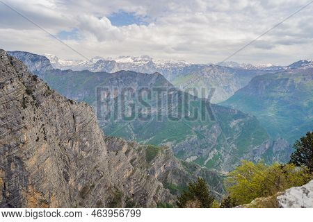 Breathtaking Panoramic View Of The Grlo Sokolovo Gorge In Montenegro. In The Foreground Is A Mountai