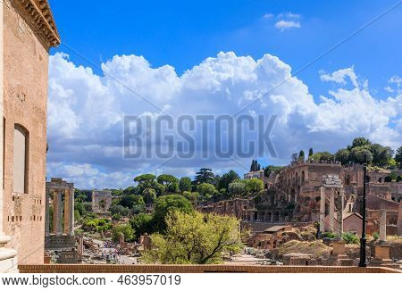 Ruins Of The Roman Forum In Rome, Italy.starting From The Left: The Temple Of Antoninus And Faustina