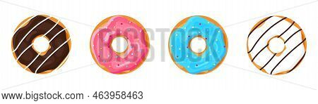 Set Of Vector Colorful Donuts. Sweet Icing Sugar Donuts. Break Time With White And Dark Chocolate, P