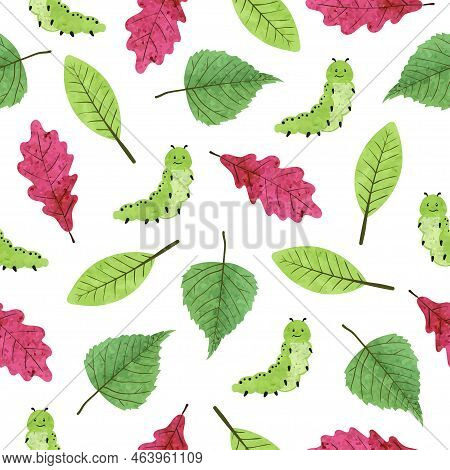 Сaterpillars And Leaves Seamless Pattern. Vector Watercolor Illustration With Cute Worms.