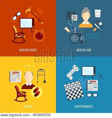 Pensioners Life Flat Icons Set Of Nursing House Medical Care Old Man Entertainments Isolated Vector 