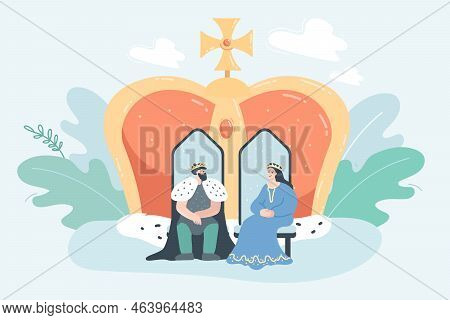 Happy Royal Family Sitting On Thrones With Crown In Background. Cartoon King And Queen Flat Vector I