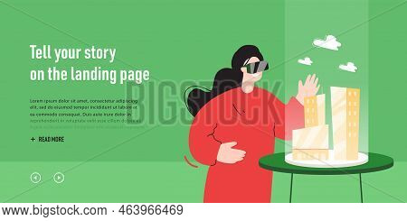 Architect In Vr Headset With 3d Model Of Building On Table. Female Engineer Modeling Virtual Constru