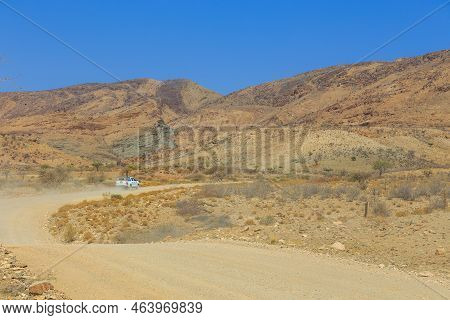 Hardap, Namibia - 29 September 2018: Typical 4x4 Rental Car In Namibia Equipped With Camping Gear An