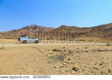 Hardap, Namibia - 29 September 2018: Typical 4x4 Rental Car In Namibia Equipped With Camping Gear An