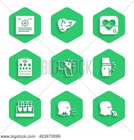 Set Joint Pain, Knee Pain, Man Coughing, Vomiting Man, Abdominal Bloating, Test Tube With Blood, Eye