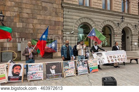 Sweden, Stockholm - July 16, 2022: Gamla Stan On North Side Of Royal Palace, Baluchistan Protest Aga