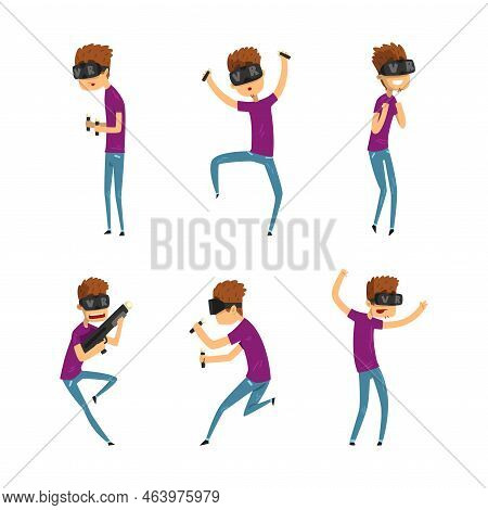 Young Man Wearing Vr Glasses Interacting With Invisible Virtual Object Vector Set