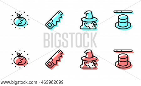 Set Line Witch, Poison Apple, Hand Saw And Magic Hat Wand Icon. Vector