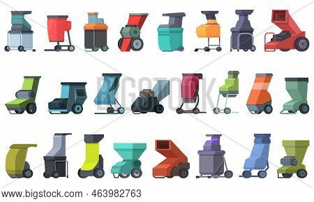 Garden Shredder Icons Set Cartoon Vector. Wood Tree. Work Technology