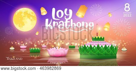 Loy Krathong Thailand Festival Banana Leaf And Lotus At Moon Night Thailand Background Banner, Eps10