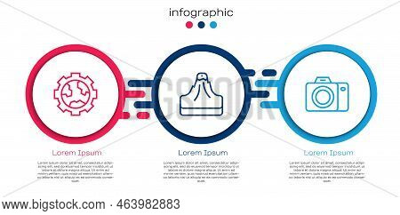 Set Line Gear Wheels And Earth, Volcano And Photo Camera. Business Infographic Template. Vector