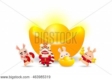 Happy Chinese New Year 2023 Year Of The Rabbit, Cute Little Bunny Performs Lion Dance And Gold Inots
