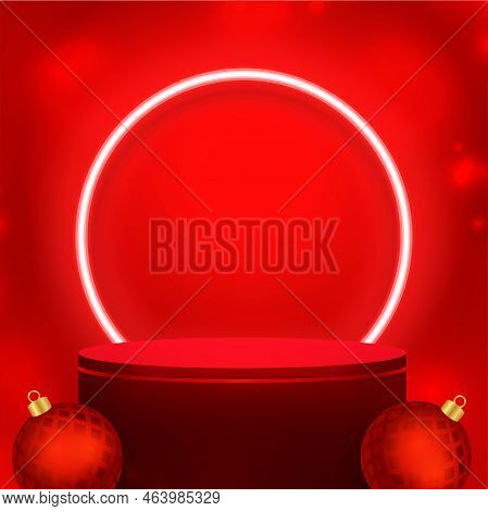 Red 3d Podium Design For Merry Christmas Festival