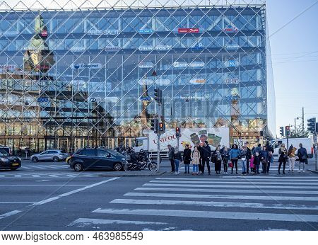 Copenhagen, Denmark - Oct 18, 2018: Pedestrians Waiting At Traffic Crossing. View Of The Industriens