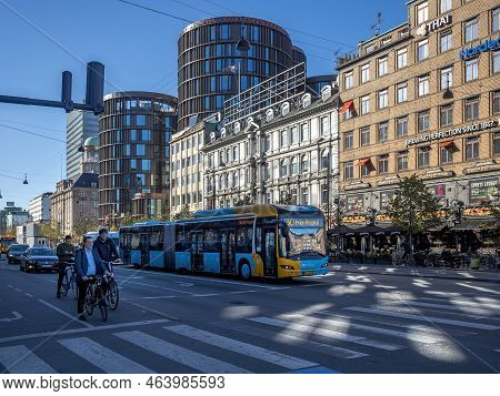 Copenhagen, Denmark - Oct 18, 2018: Vehicles And Cyclists On Vesterbrogade Road. Commercial Building