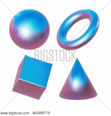 3d Pink Metal Neon Gradient Shapes Render. Vector Abstract Element Set Of Shere And Ball, Cube And C