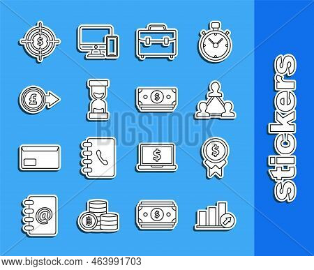 Set Line Presentation Financial With Graph, Project Team Base, Briefcase, Old Hourglass Flowing Sand