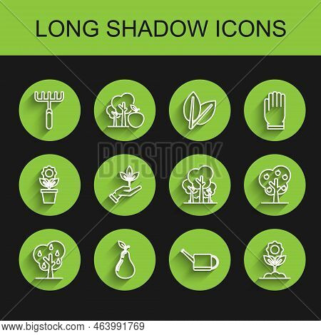 Set Line Tree With Pears, Pear, Garden Rake, Watering Can, Flower, Plant Hand Of Environmental Prote