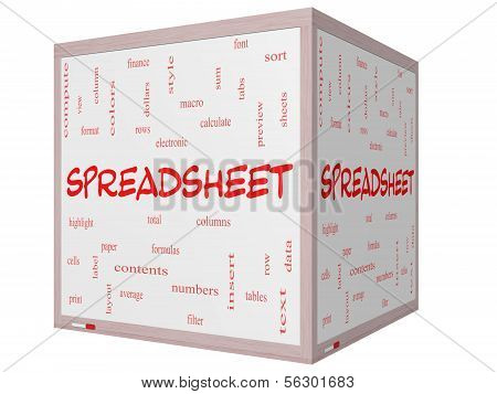 Spreadsheet Word Cloud Concept On A 3D Cube Whiteboard