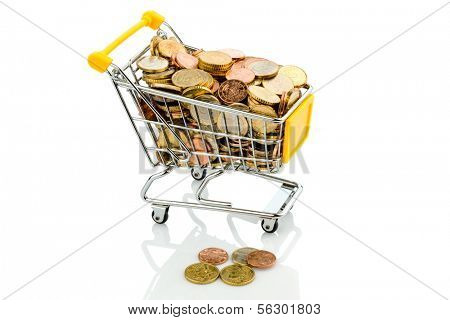 a shopping cart is well stocked with euro coins, symbolic photo for purchasing power and consumption