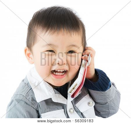 Asian baby boy talk to mobile