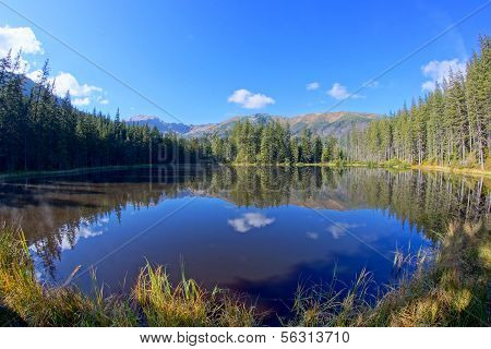Reflection on Smreczynski lake in Koscieliska Valley, Tatras Mountains, Poland