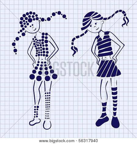 Drawn ink girl on the notebook sheet