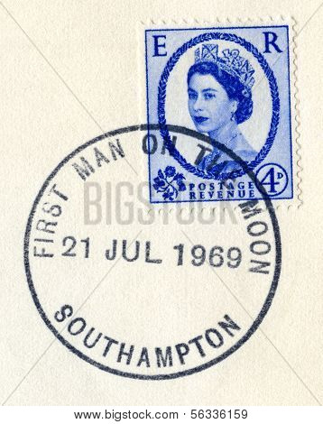 Vintage britiske frimærke poststemplet på dagen for Apollo 11 Moon Landing