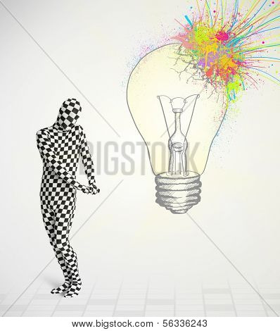3d human character is body suit morphsuit looking at abstract colorful lightbulb