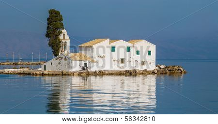 Sunset scene of Vlacherna monastery, Kanoni, Corfu, Greece