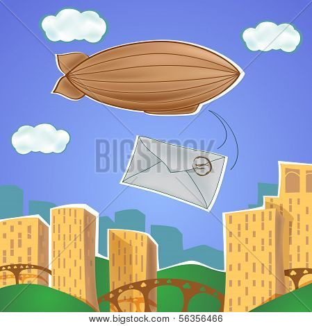 Urban landscape with  blimp and letter